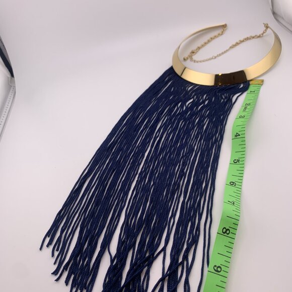 Gold Tone Collar Necklace with Blue Fringe - Picture 8 of 8